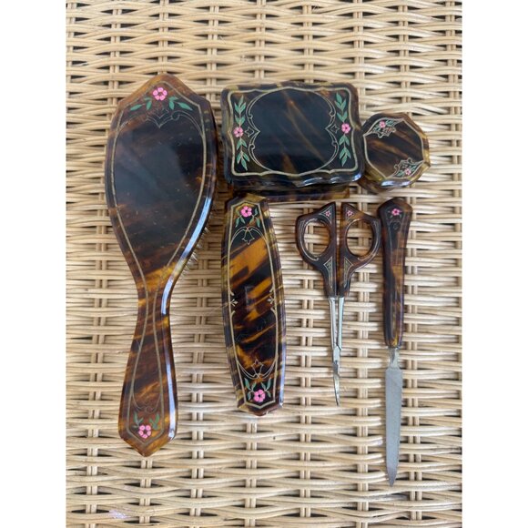 Antique 20's Faux Tortoise Carved Celluloid Painted Flowers Vanity set - Picture 10 of 15